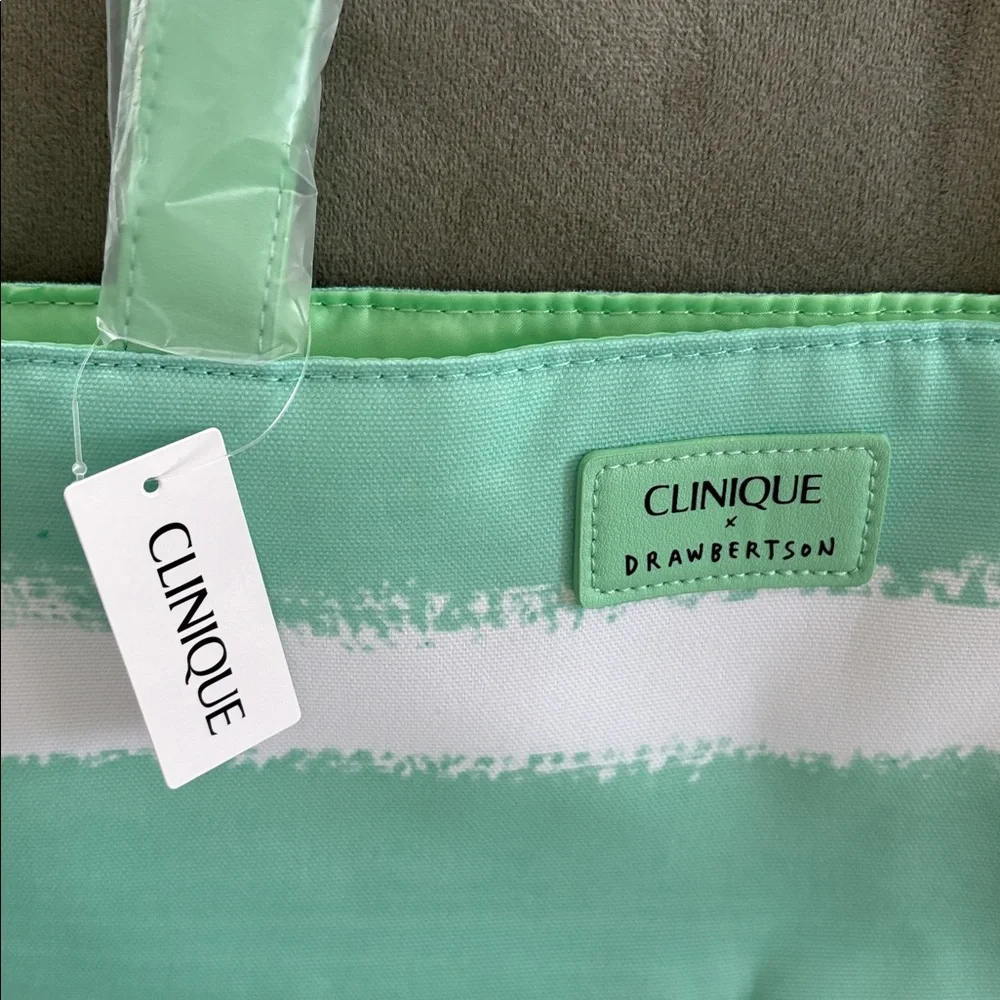 NWT Clinique x Drawbertson Mint & White Striped Lined Tote Bag Boho Beach Vaca - Picture 4 of 8
